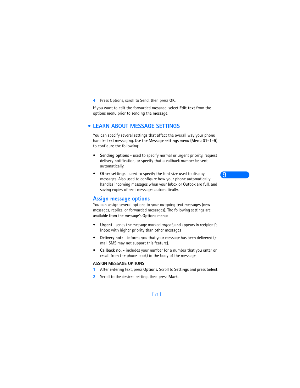 Learn about message settings, Assign message options | Nokia 6385 User Manual | Page 77 / 194