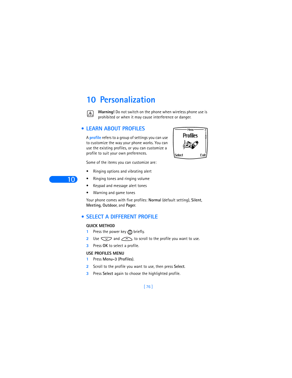 10 personalization, Learn about profiles, Select a different profile | Learn about profiles select a different profile, Use the to-do list | Nokia 6385 User Manual | Page 82 / 194