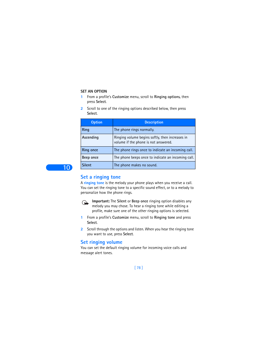 Set a ringing tone, Set ringing volume | Nokia 6385 User Manual | Page 84 / 194