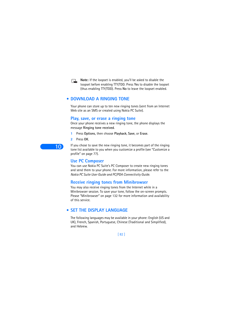 Download a ringing tone, Play, save, or erase a ringing tone, Use pc composer | Receive ringing tones from minibrowser, Set the display language, Download a ringing tone set the display language | Nokia 6385 User Manual | Page 88 / 194