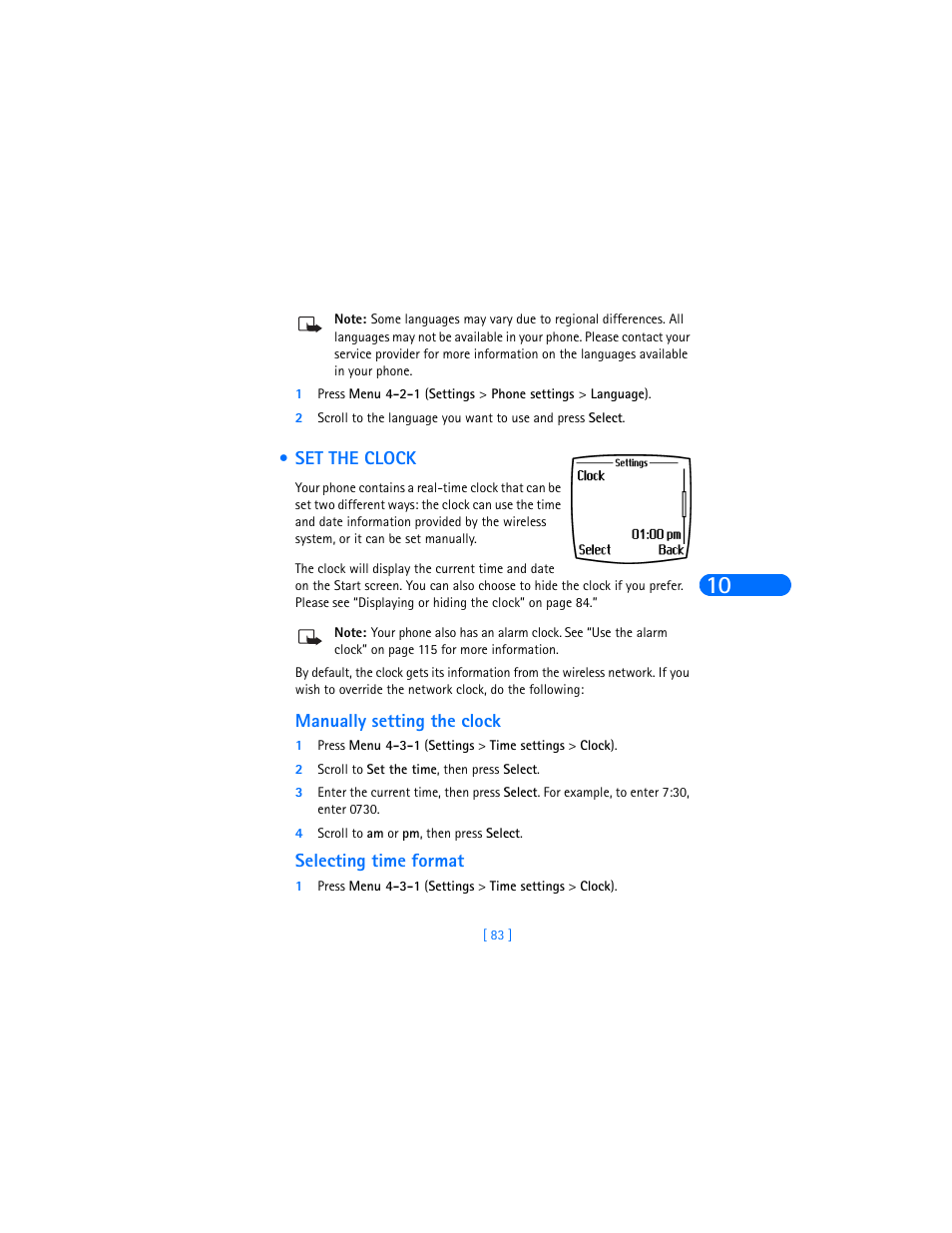 Set the clock, Manually setting the clock, Selecting time format | Nokia 6385 User Manual | Page 89 / 194