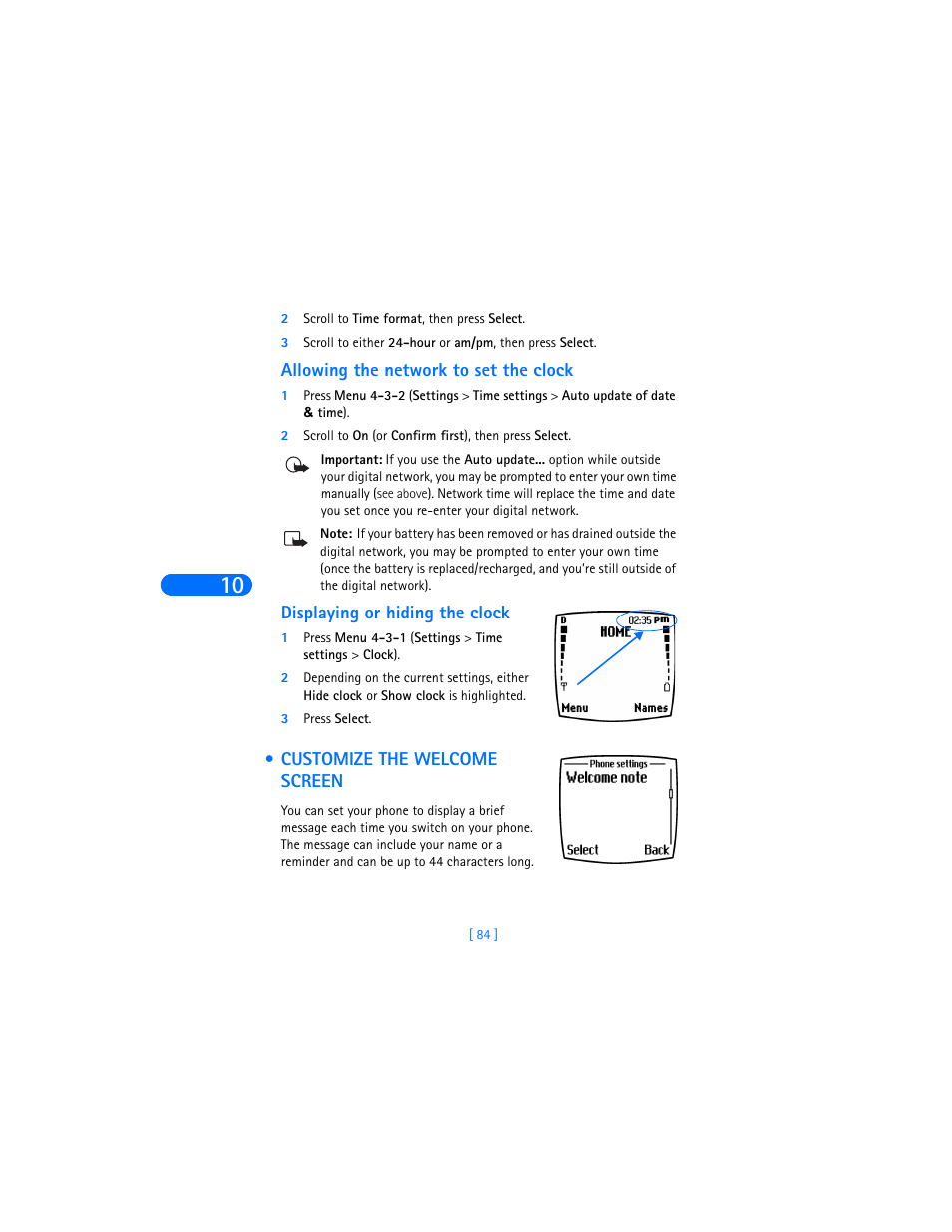 Allowing the network to set the clock, Displaying or hiding the clock, Customize the welcome screen | Nokia 6385 User Manual | Page 90 / 194