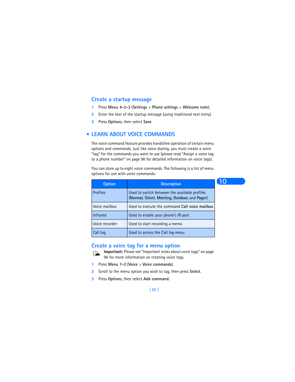 Create a startup message, Learn about voice commands, Create a voice tag for a menu option | Nokia 6385 User Manual | Page 91 / 194