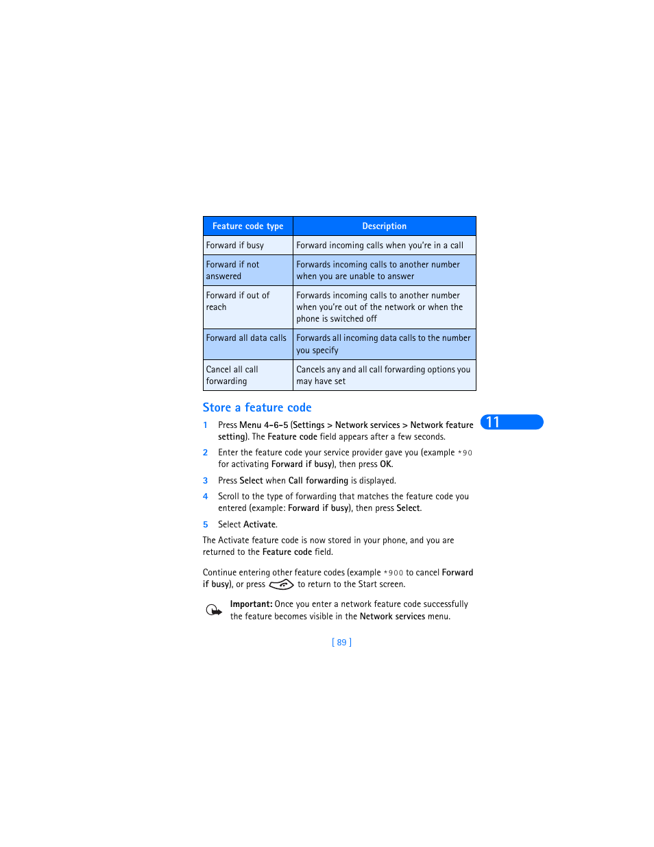 Store a feature code | Nokia 6385 User Manual | Page 95 / 194