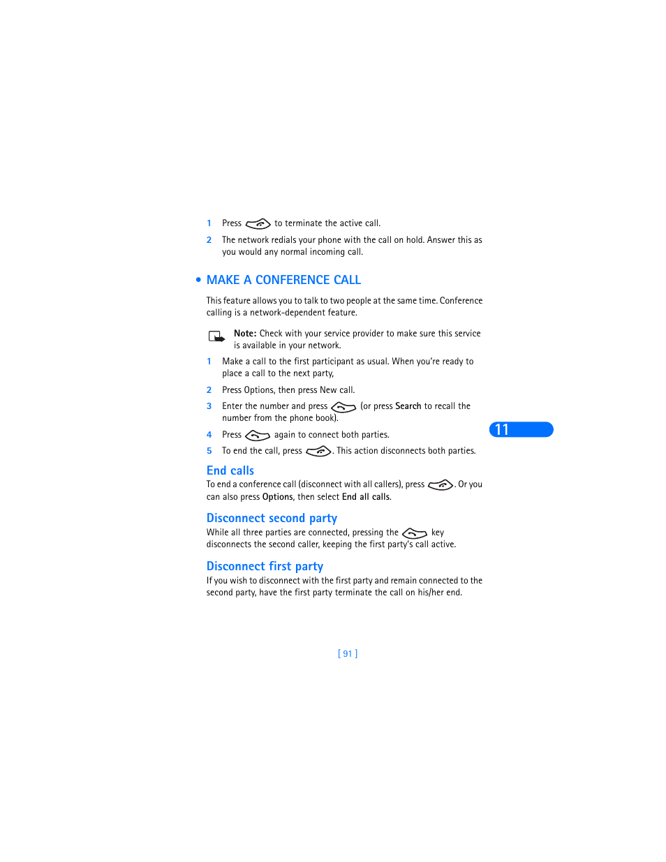 Make a conference call, End calls, Disconnect second party | Disconnect first party | Nokia 6385 User Manual | Page 97 / 194