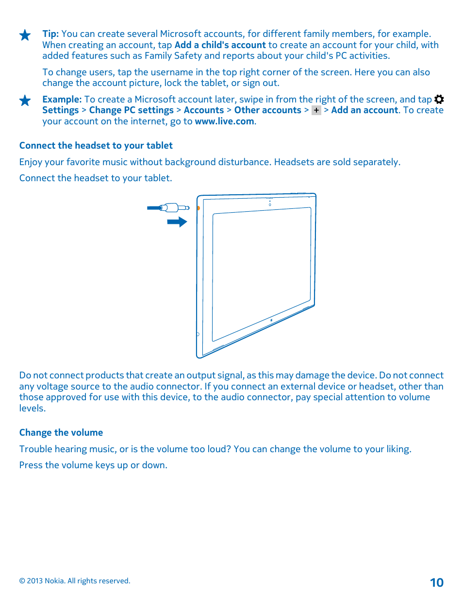 Connect the headset to your tablet, Change the volume | Nokia Lumia 2520 User Manual | Page 10 / 67