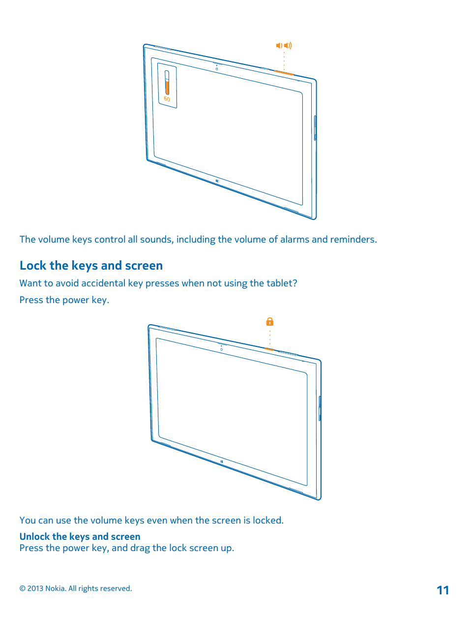Lock the keys and screen | Nokia Lumia 2520 User Manual | Page 11 / 67