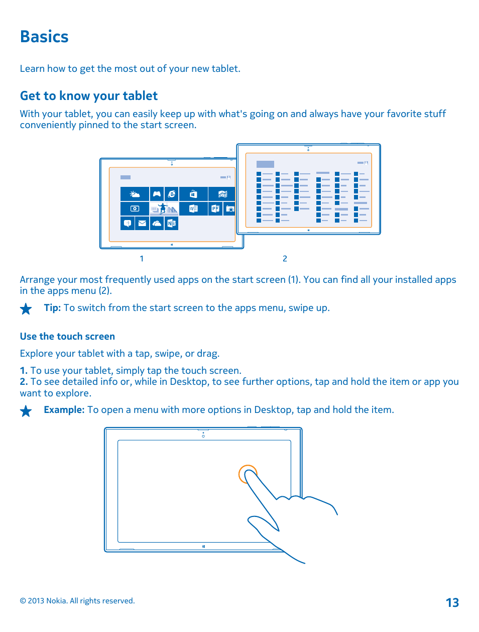 Basics, Get to know your tablet, Use the touch screen | Basics 13 get to know your tablet | Nokia Lumia 2520 User Manual | Page 13 / 67