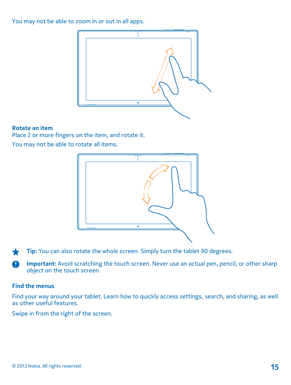 Find the menus | Nokia Lumia 2520 User Manual | Page 15 / 67