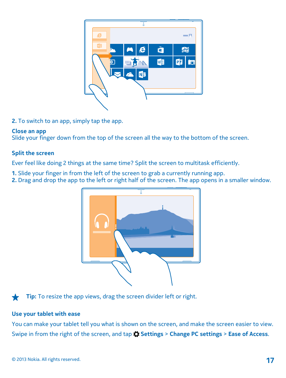 Split the screen, Use your tablet with ease | Nokia Lumia 2520 User Manual | Page 17 / 67