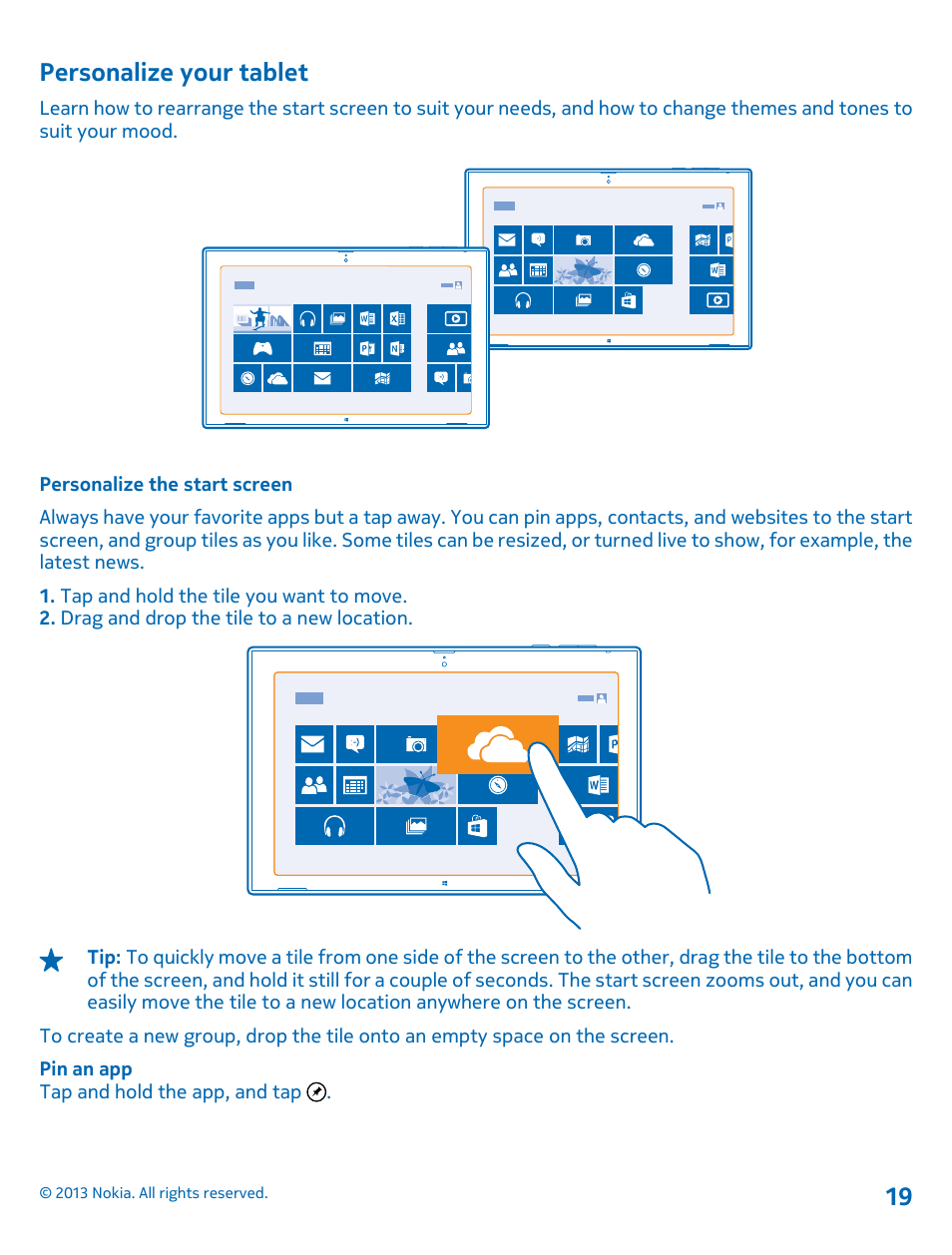 Personalize your tablet, Personalize the start screen | Nokia Lumia 2520 User Manual | Page 19 / 67
