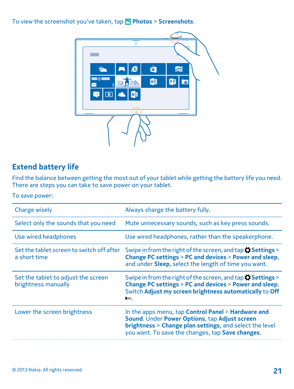 Extend battery life | Nokia Lumia 2520 User Manual | Page 21 / 67