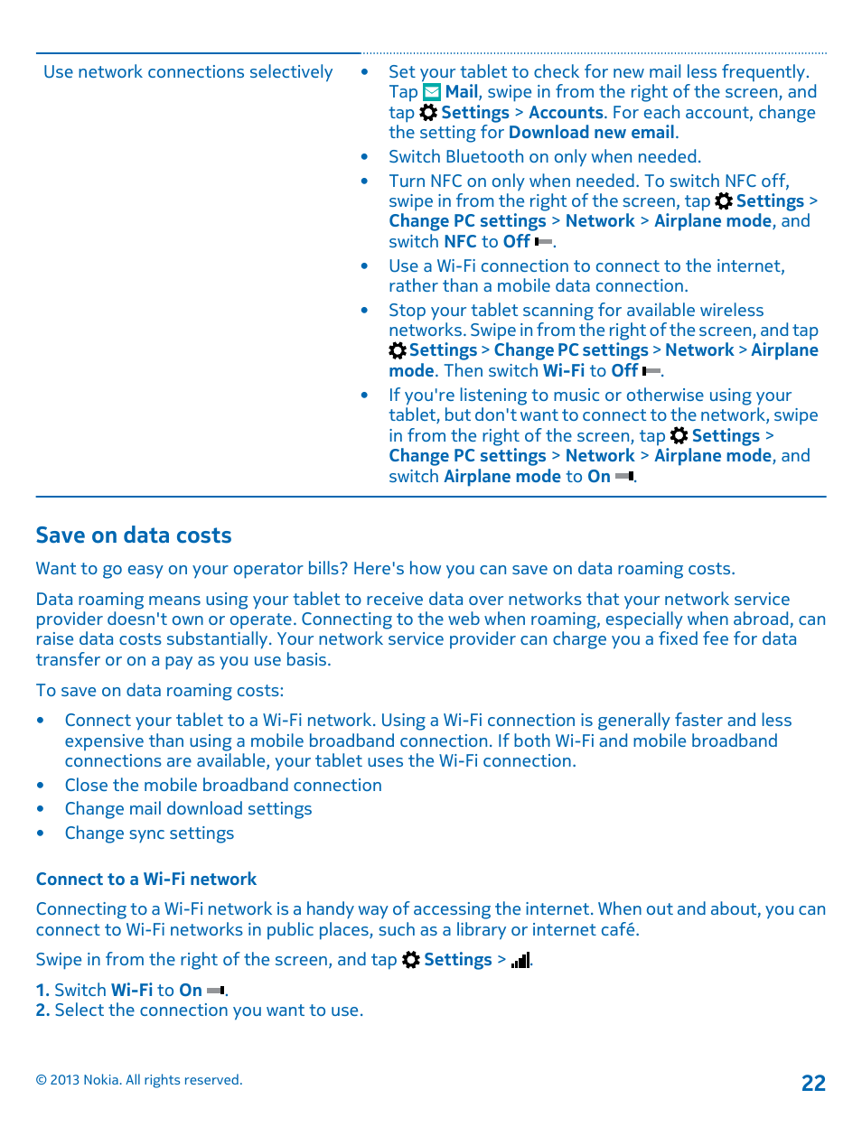 Save on data costs, Connect to a wi-fi network | Nokia Lumia 2520 User Manual | Page 22 / 67