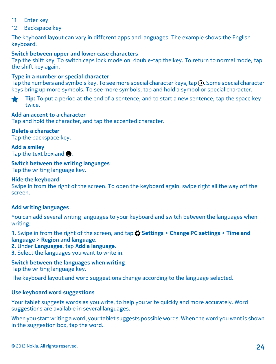 Add writing languages, Use keyboard word suggestions | Nokia Lumia 2520 User Manual | Page 24 / 67