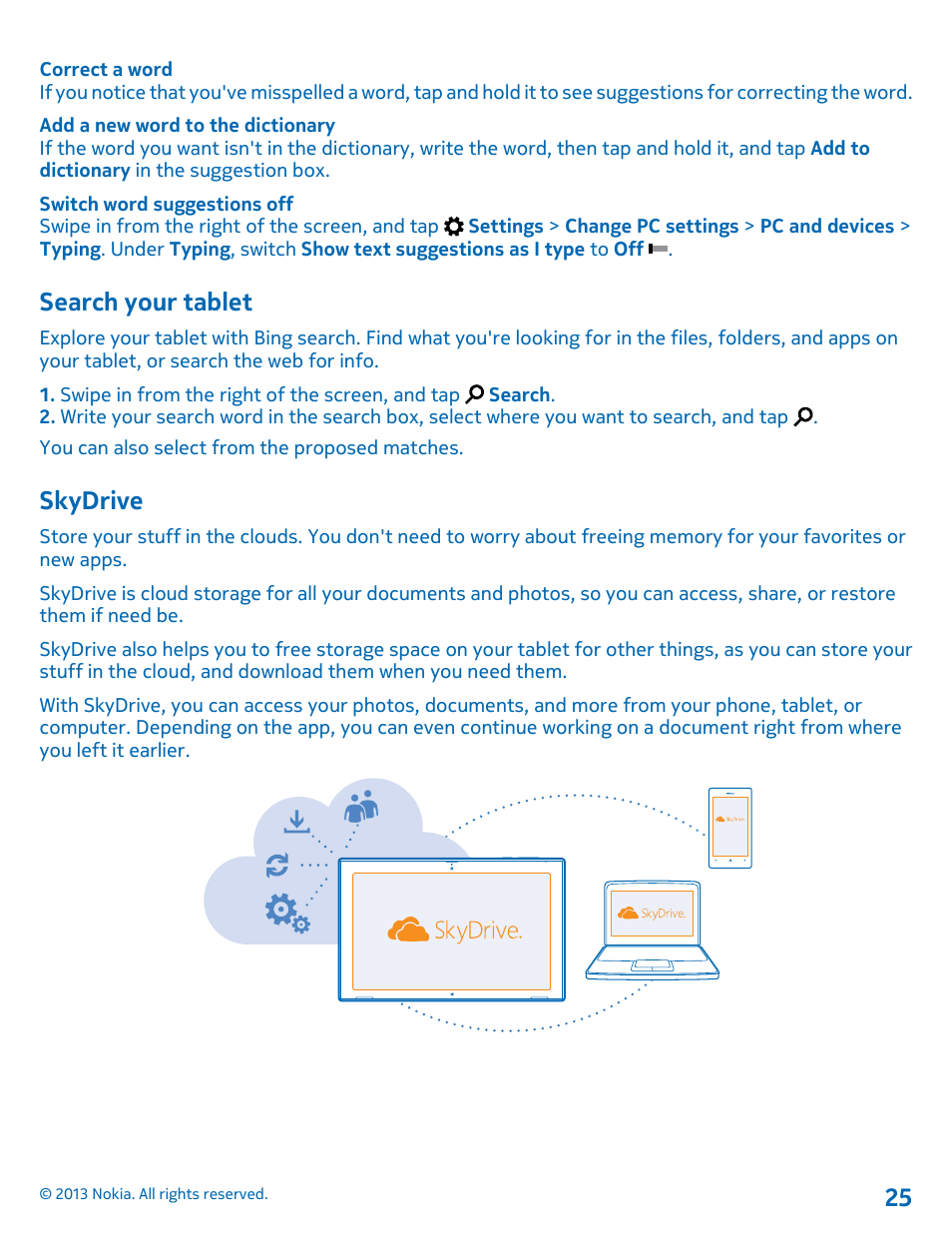 Search your tablet, Skydrive, Skydrive 25 | Nokia Lumia 2520 User Manual | Page 25 / 67