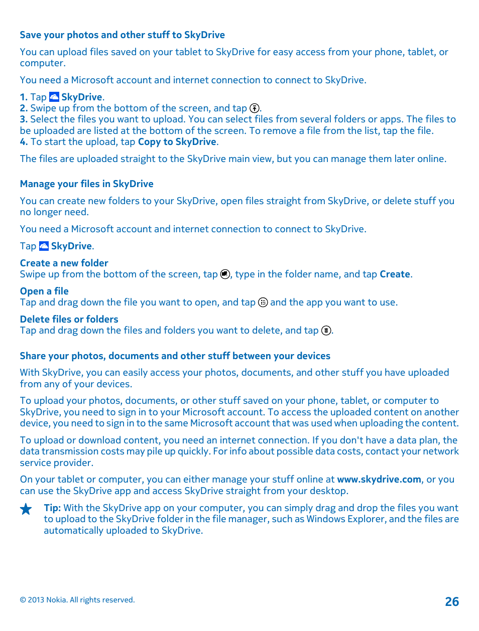 Save your photos and other stuff to skydrive, Manage your files in skydrive | Nokia Lumia 2520 User Manual | Page 26 / 67