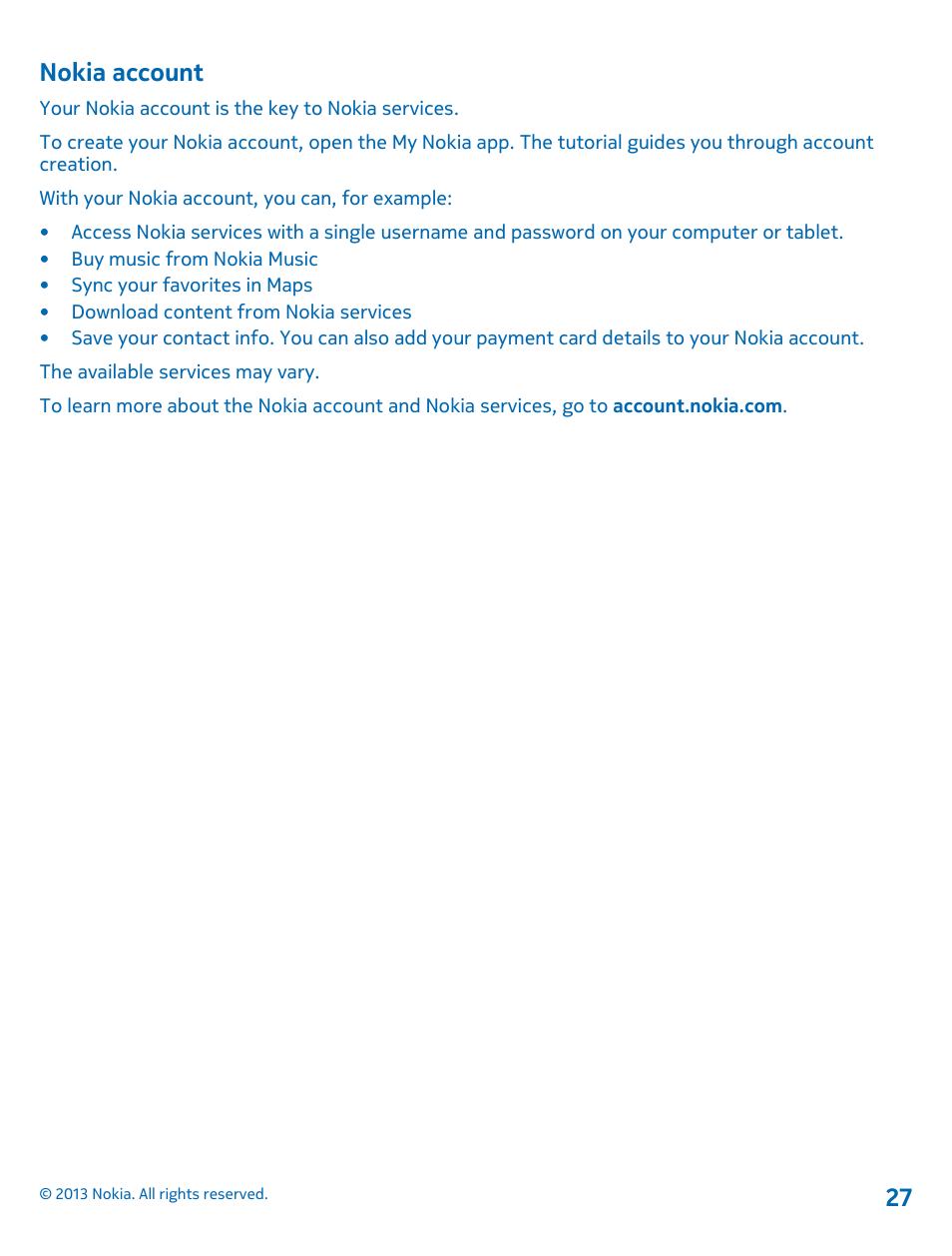 Nokia account | Nokia Lumia 2520 User Manual | Page 27 / 67