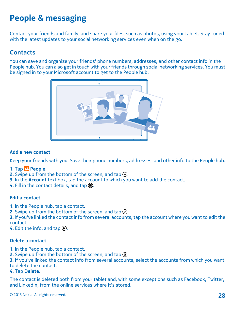 People & messaging, Contacts, Add a new contact | Edit a contact, Delete a contact, Contacts 28 | Nokia Lumia 2520 User Manual | Page 28 / 67