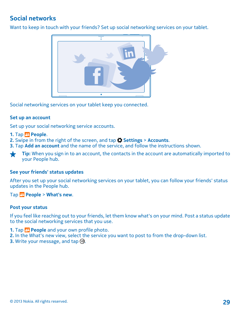 Social networks, Set up an account, See your friends' status updates | Post your status | Nokia Lumia 2520 User Manual | Page 29 / 67