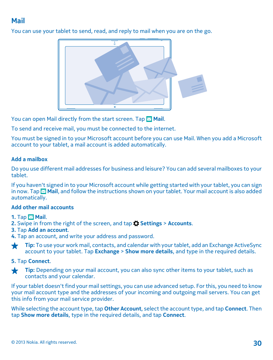 Mail, Add a mailbox, Mail 30 | Nokia Lumia 2520 User Manual | Page 30 / 67