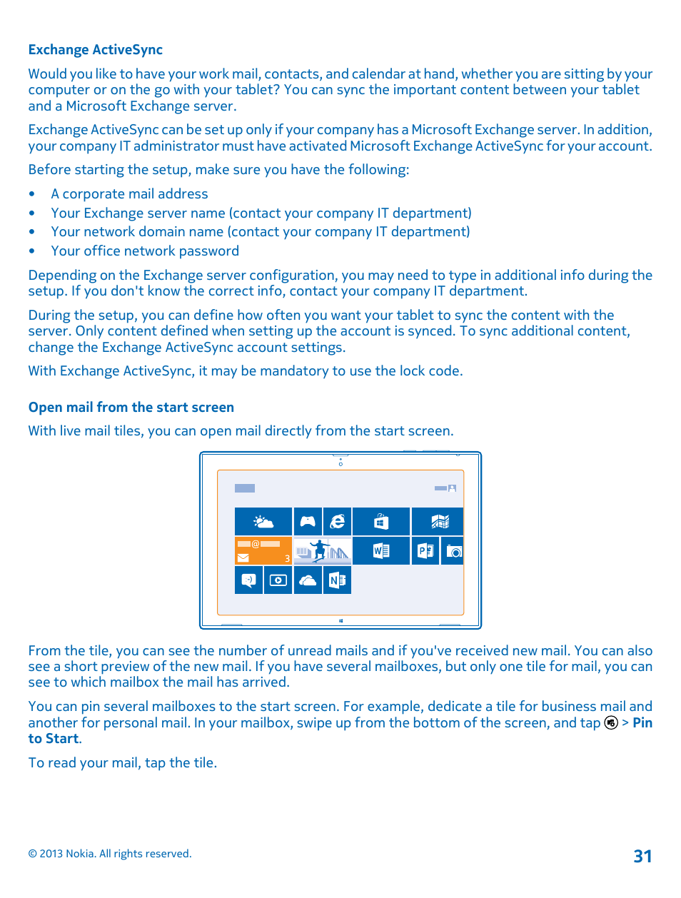 Exchange activesync, Open mail from the start screen | Nokia Lumia 2520 User Manual | Page 31 / 67