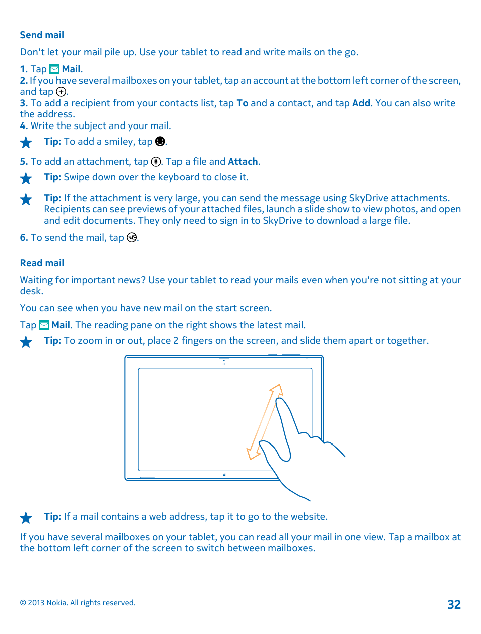Send mail, Read mail | Nokia Lumia 2520 User Manual | Page 32 / 67