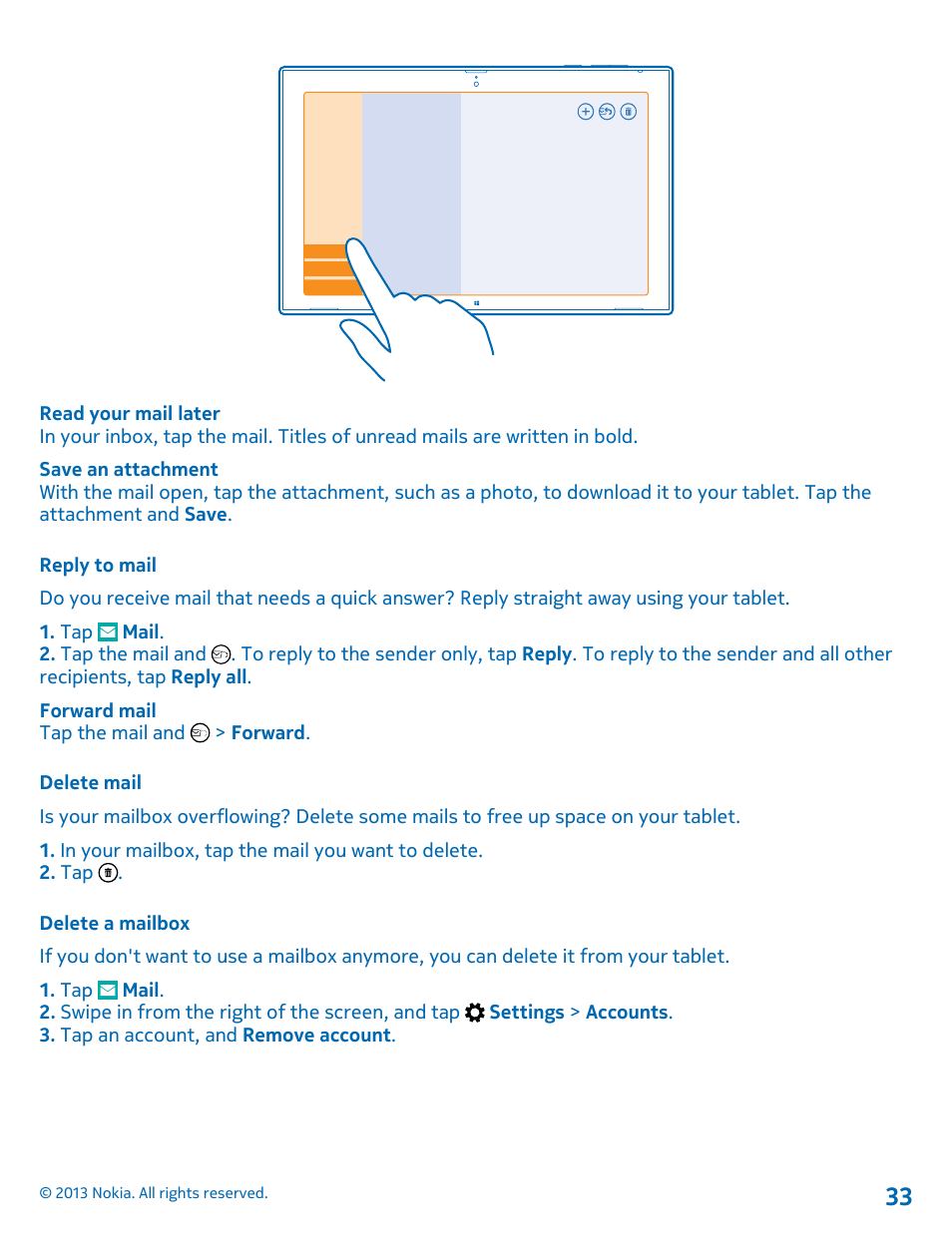 Reply to mail, Delete mail, Delete a mailbox | Nokia Lumia 2520 User Manual | Page 33 / 67