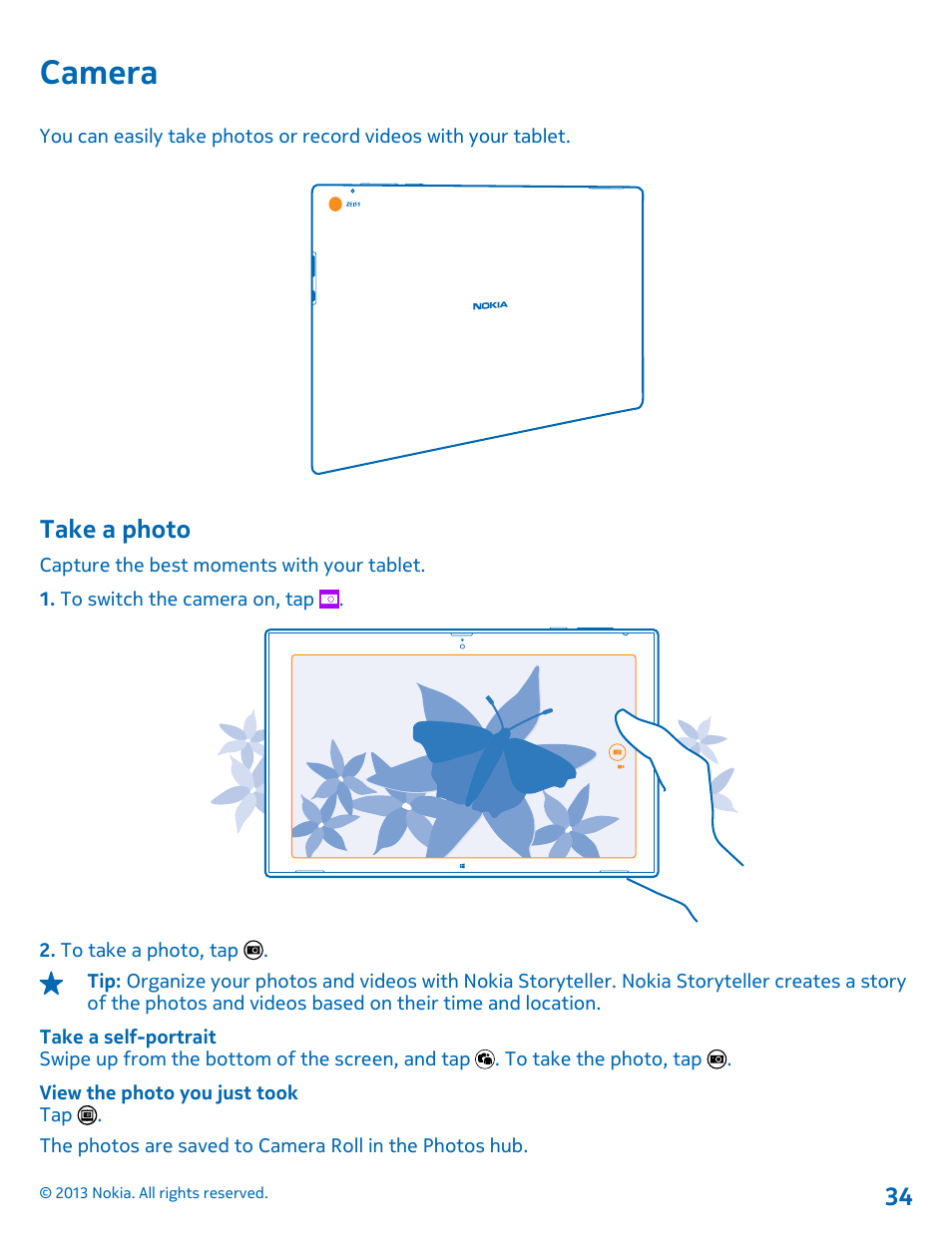 Camera, Take a photo, Camera 34 take a photo | Nokia Lumia 2520 User Manual | Page 34 / 67