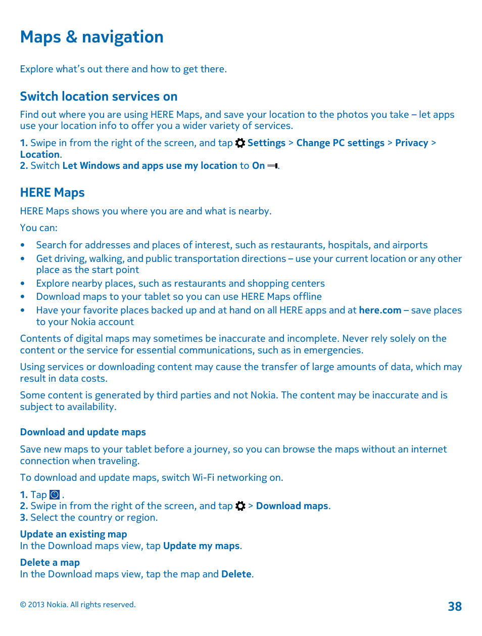 Maps & navigation, Switch location services on, Here maps | Download and update maps | Nokia Lumia 2520 User Manual | Page 38 / 67