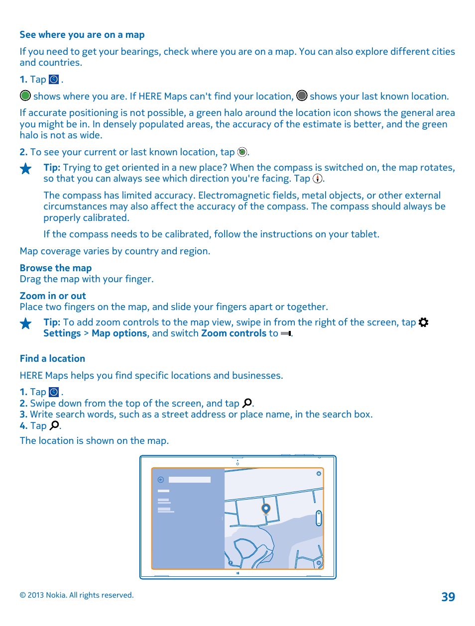 See where you are on a map, Find a location | Nokia Lumia 2520 User Manual | Page 39 / 67