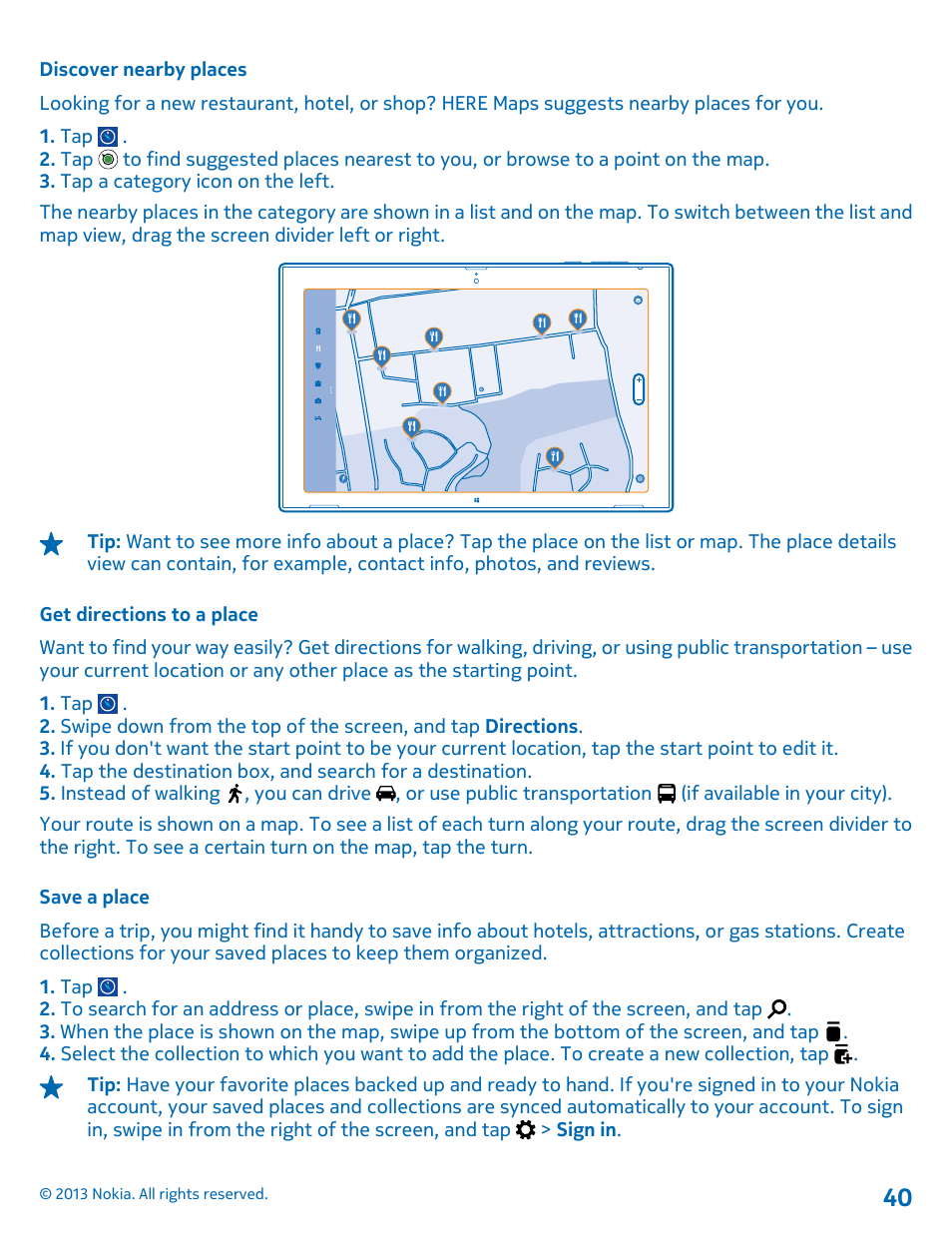 Discover nearby places, Get directions to a place, Save a place | Nokia Lumia 2520 User Manual | Page 40 / 67