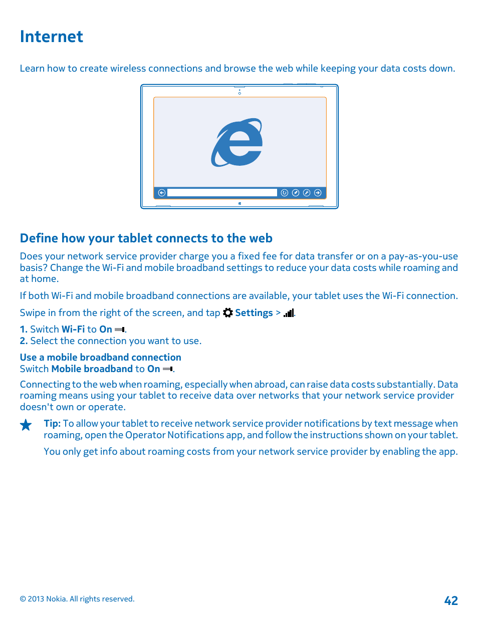 Internet, Define how your tablet connects to the web, Internet 42 define how your tablet connects to the | Web 42 | Nokia Lumia 2520 User Manual | Page 42 / 67