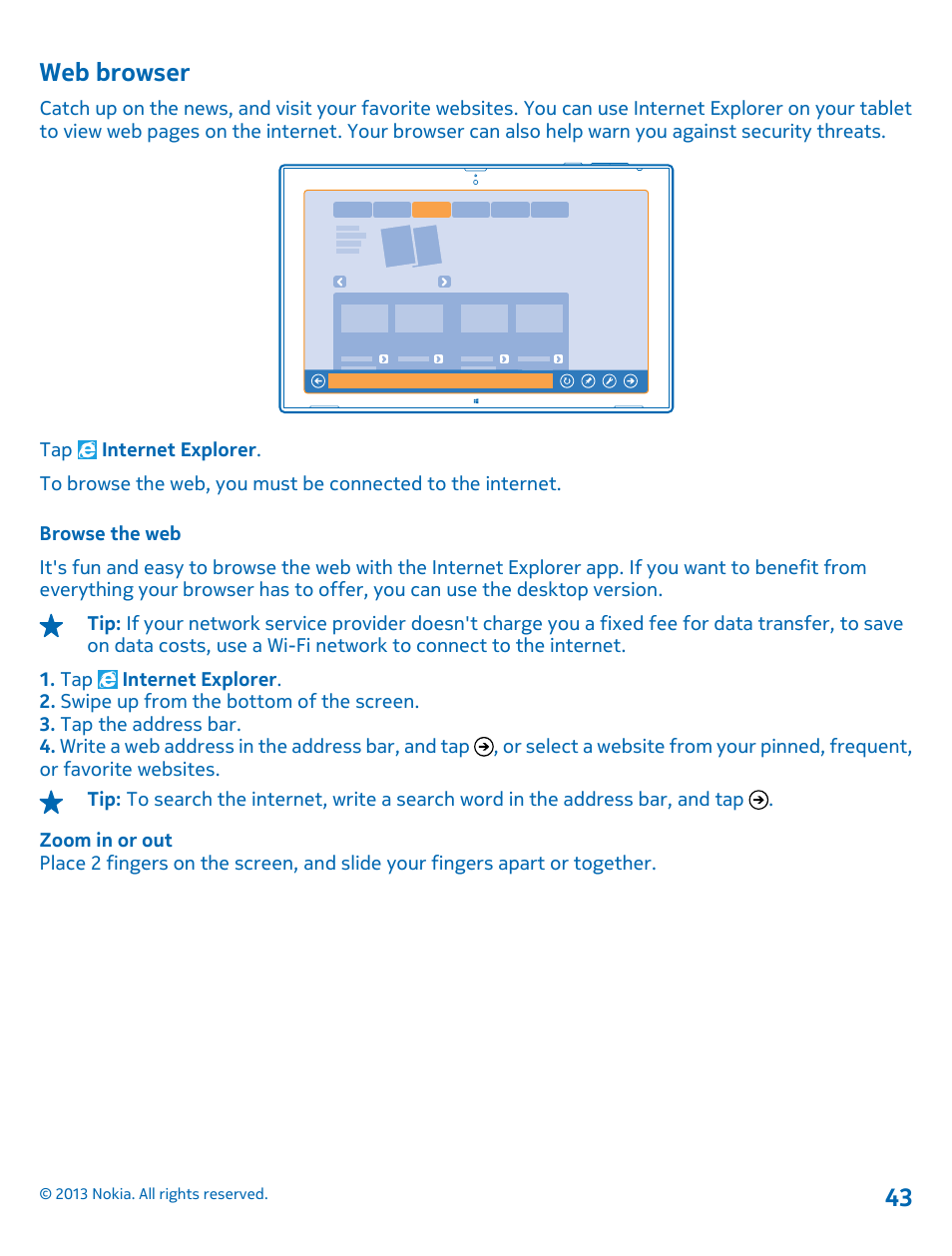 Web browser, Browse the web | Nokia Lumia 2520 User Manual | Page 43 / 67