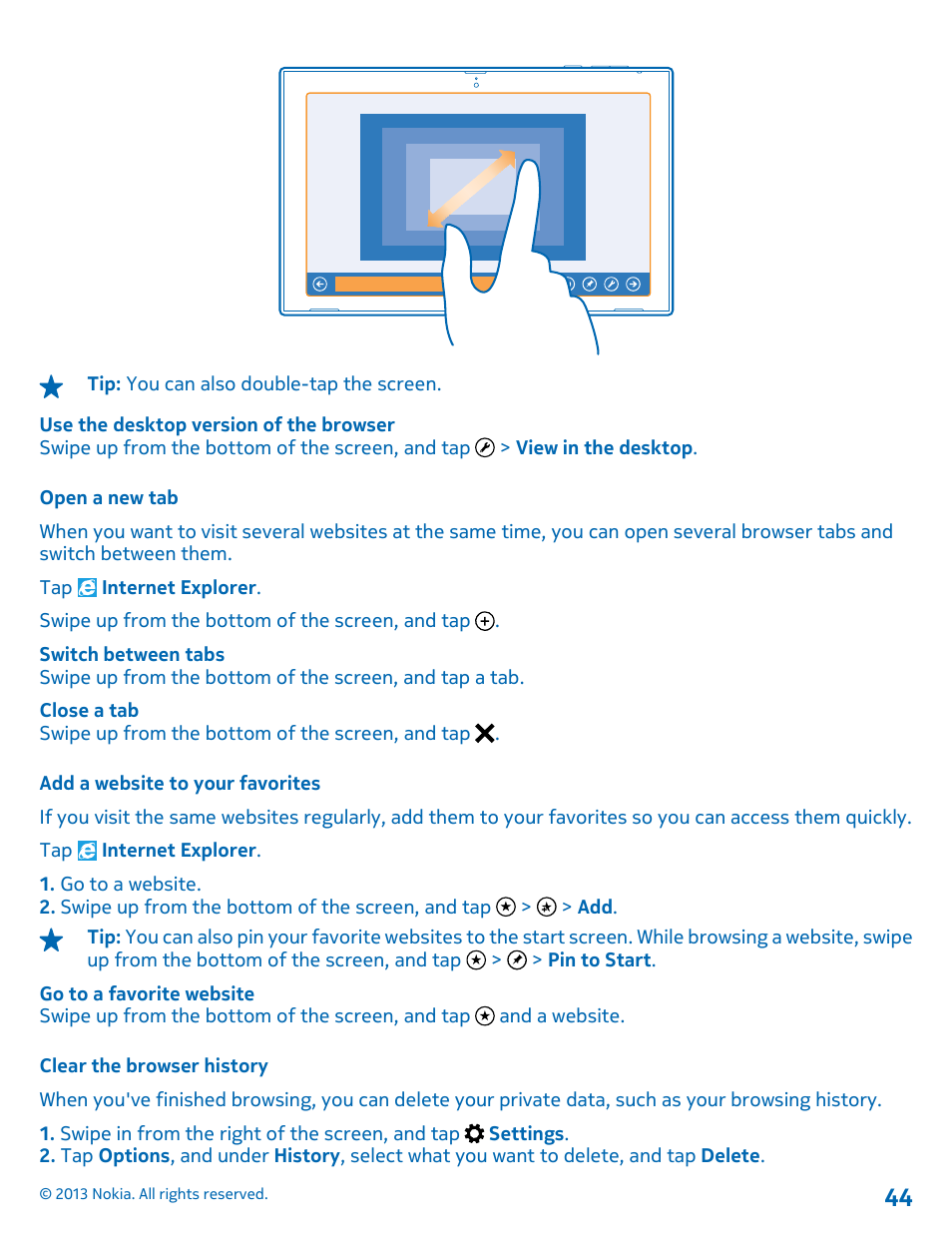 Open a new tab, Add a website to your favorites, Clear the browser history | Nokia Lumia 2520 User Manual | Page 44 / 67