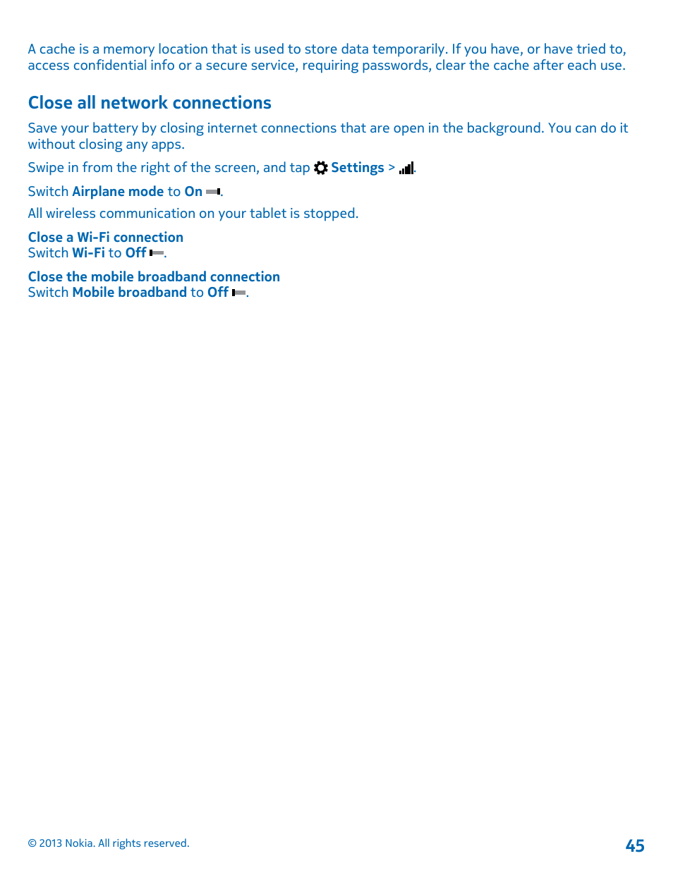 Close all network connections | Nokia Lumia 2520 User Manual | Page 45 / 67