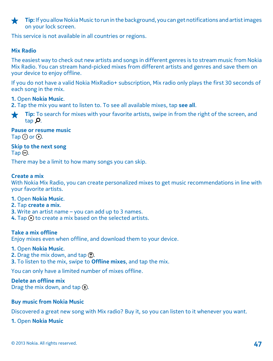 Mix radio, Create a mix, Take a mix offline | Buy music from nokia music | Nokia Lumia 2520 User Manual | Page 47 / 67