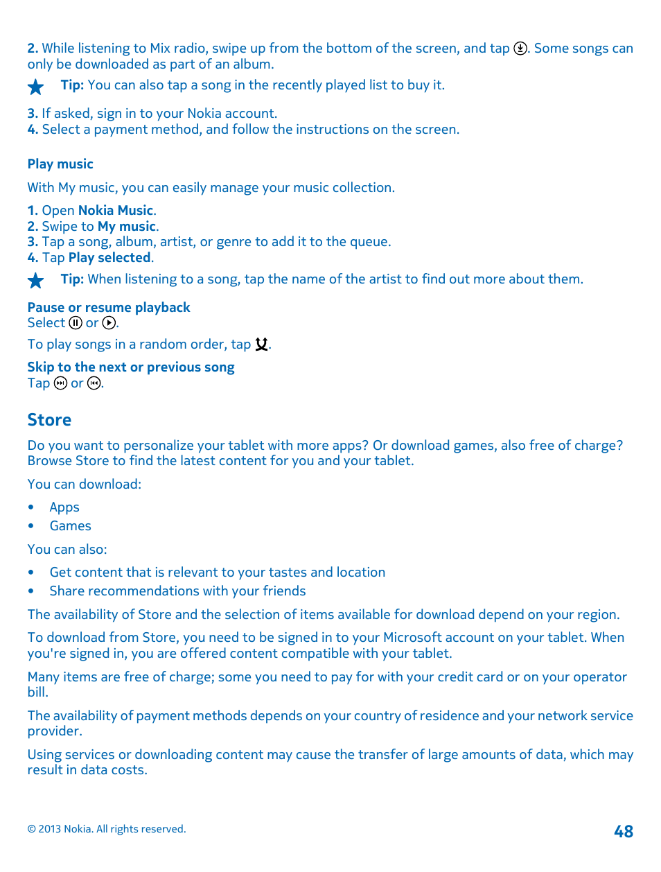 Play music, Store, Store 48 | Nokia Lumia 2520 User Manual | Page 48 / 67