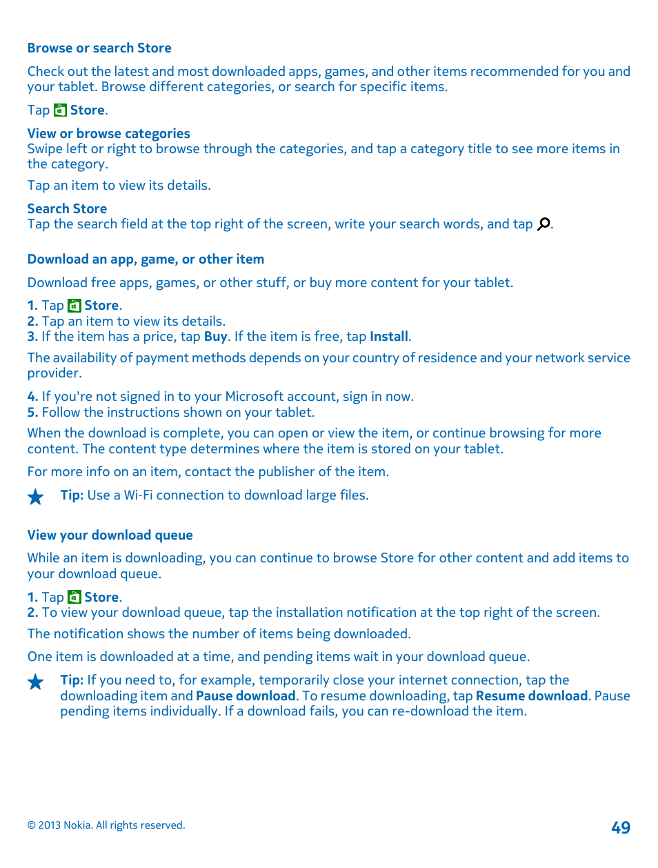 Browse or search store, Download an app, game, or other item, View your download queue | Nokia Lumia 2520 User Manual | Page 49 / 67