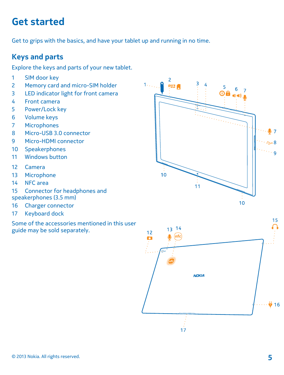 Get started, Keys and parts | Nokia Lumia 2520 User Manual | Page 5 / 67