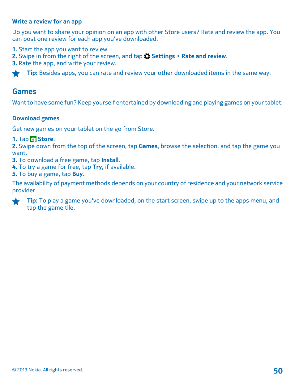 Write a review for an app, Games, Download games | Games 50 | Nokia Lumia 2520 User Manual | Page 50 / 67