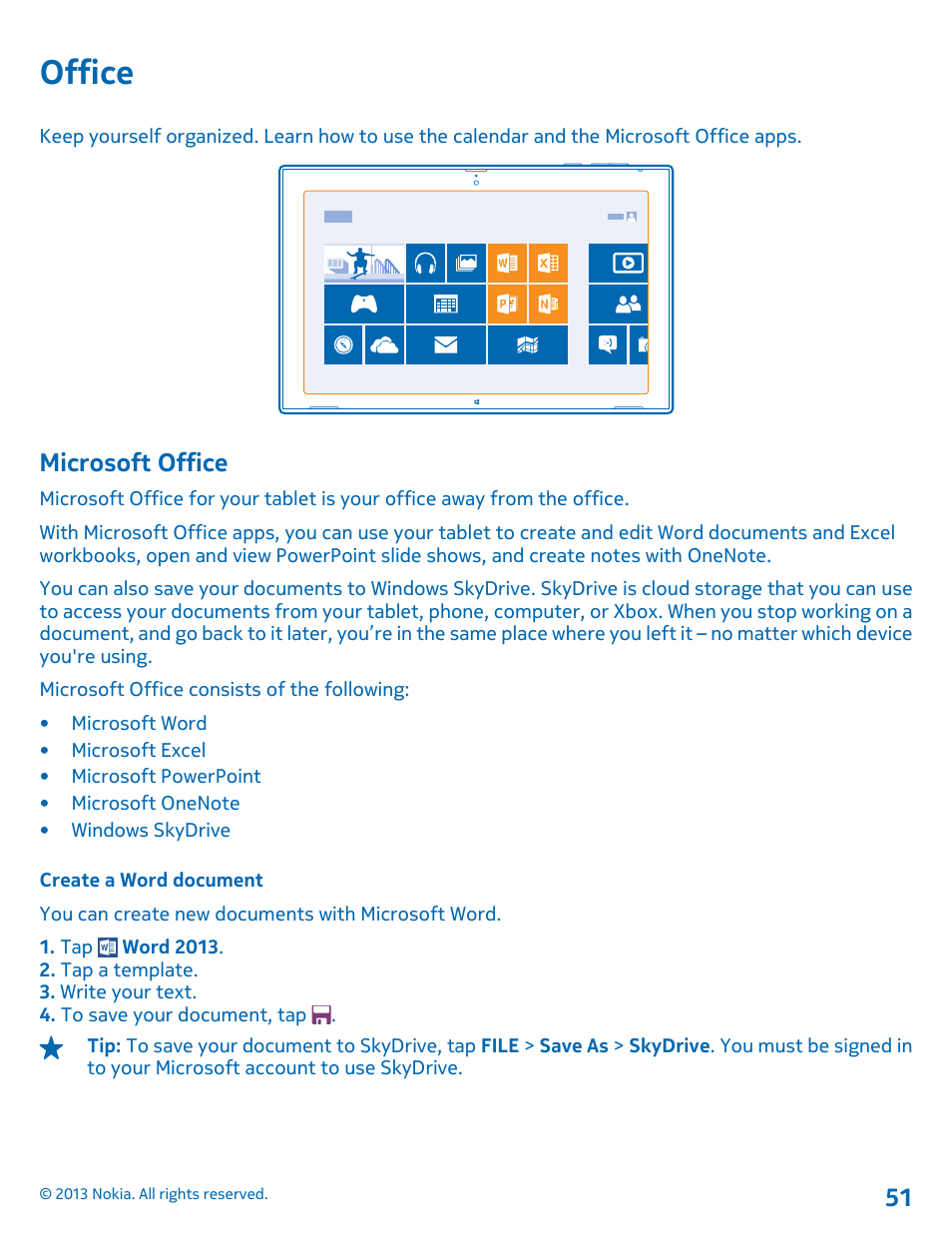 Office, Microsoft office, Create a word document | Office 51 microsoft office | Nokia Lumia 2520 User Manual | Page 51 / 67