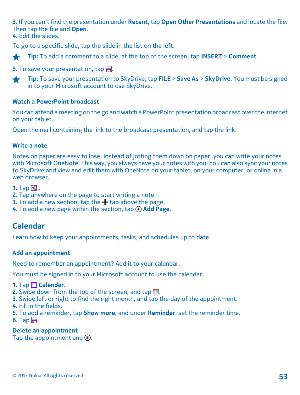 Watch a powerpoint broadcast, Write a note, Calendar | Add an appointment, Calendar 53 | Nokia Lumia 2520 User Manual | Page 53 / 67