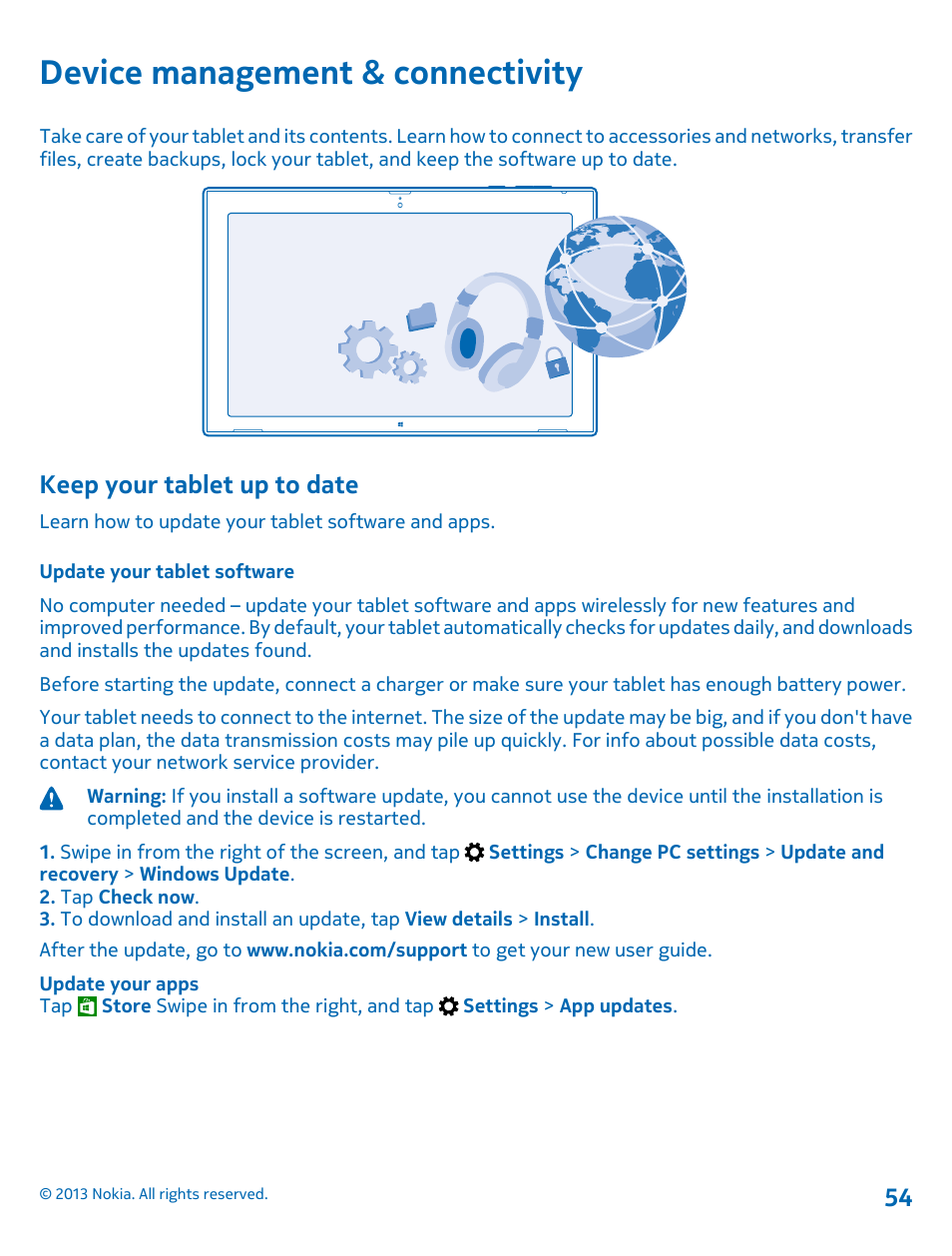 Device management & connectivity, Keep your tablet up to date, Update your tablet software | Nokia Lumia 2520 User Manual | Page 54 / 67