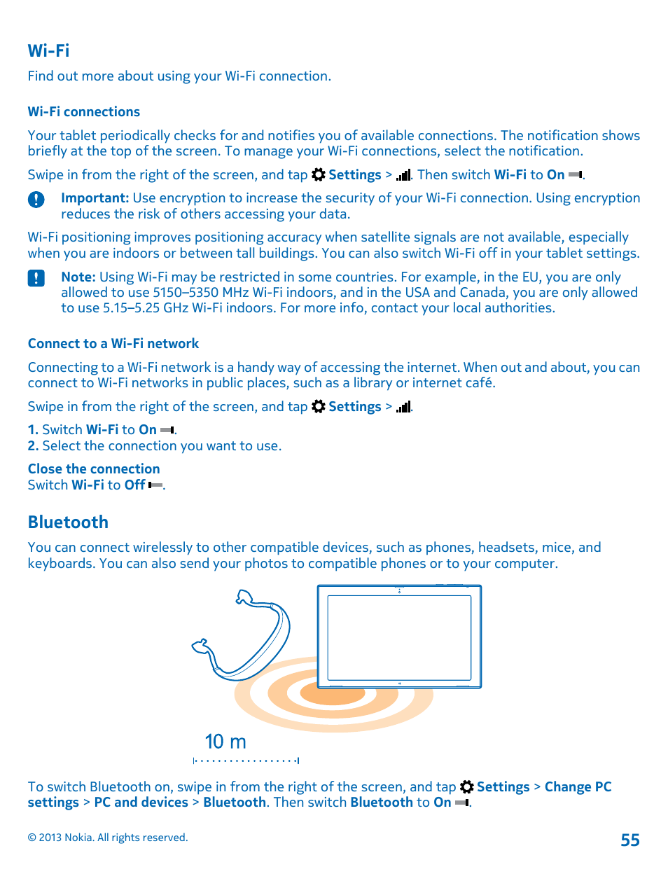 Wi-fi, Wi-fi connections, Connect to a wi-fi network | Bluetooth, Wi-fi 55 bluetooth 55 | Nokia Lumia 2520 User Manual | Page 55 / 67