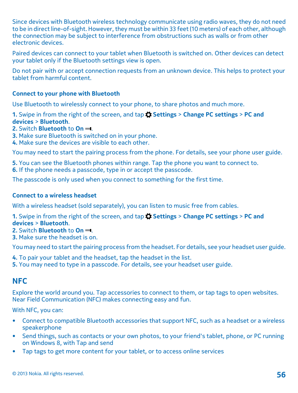Connect to your phone with bluetooth, Connect to a wireless headset, Nfc 56 | Nokia Lumia 2520 User Manual | Page 56 / 67