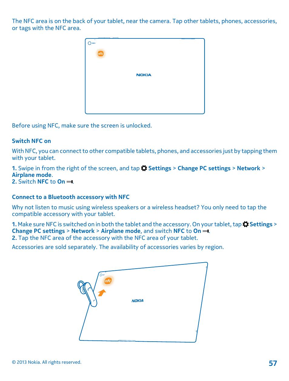 Switch nfc on, Connect to a bluetooth accessory with nfc | Nokia Lumia 2520 User Manual | Page 57 / 67
