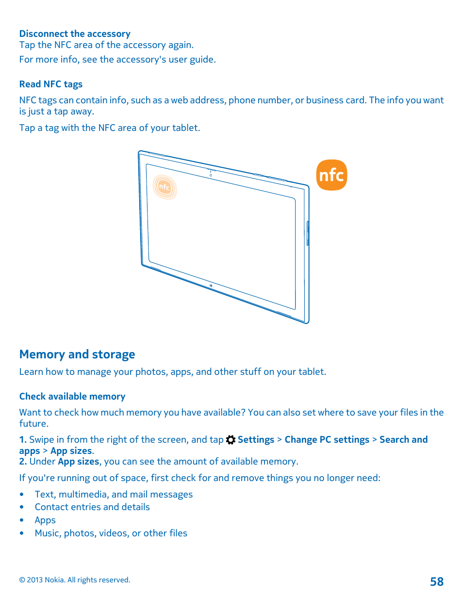 Read nfc tags, Memory and storage, Check available memory | Nokia Lumia 2520 User Manual | Page 58 / 67