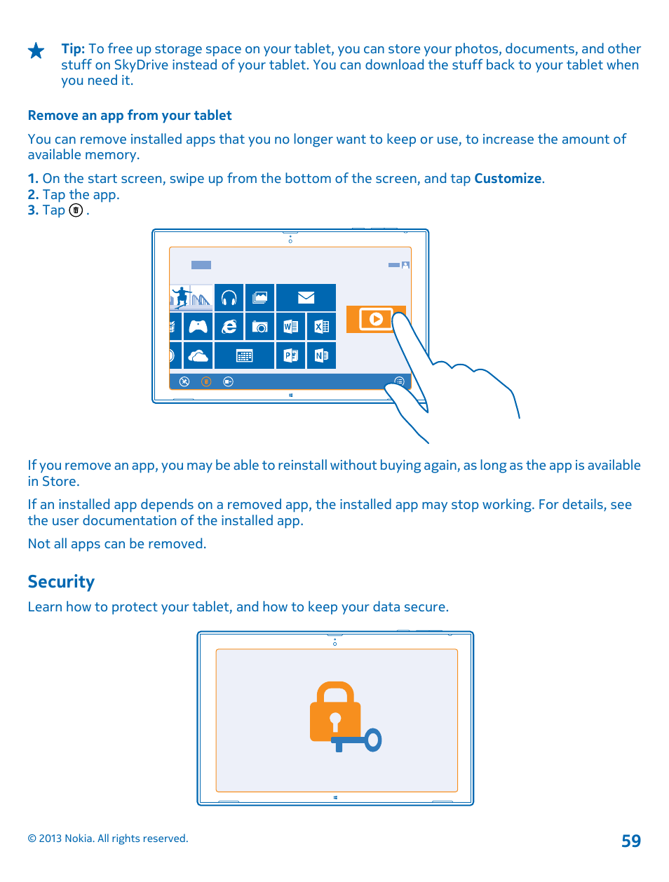 Remove an app from your tablet, Security, Security 59 | Nokia Lumia 2520 User Manual | Page 59 / 67