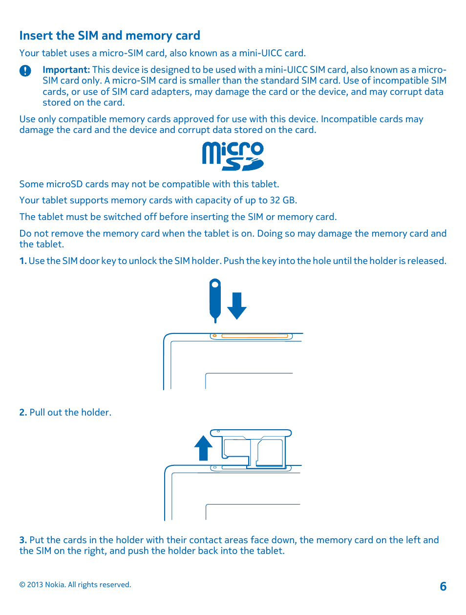 Insert the sim and memory card | Nokia Lumia 2520 User Manual | Page 6 / 67