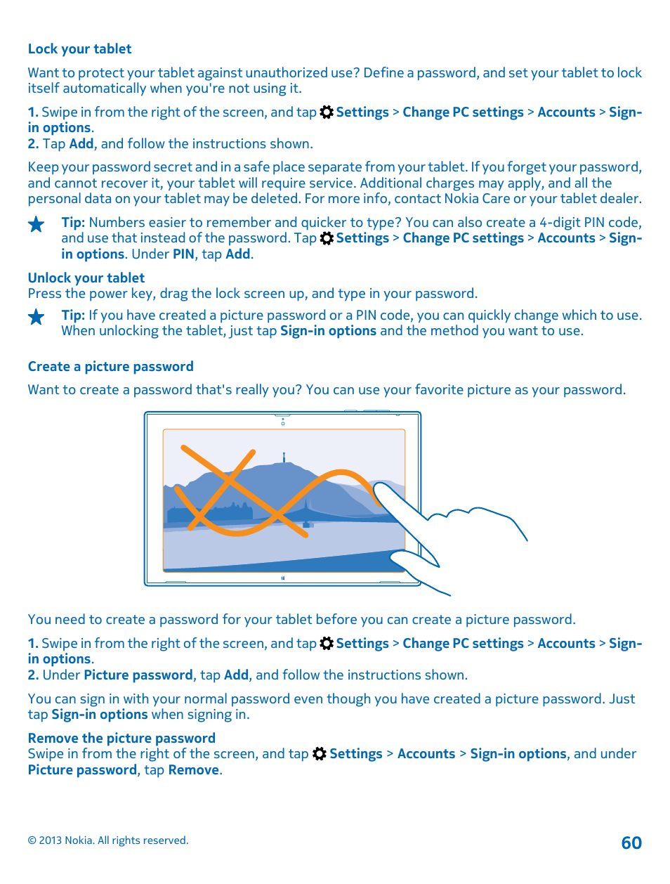 Lock your tablet, Create a picture password | Nokia Lumia 2520 User Manual | Page 60 / 67
